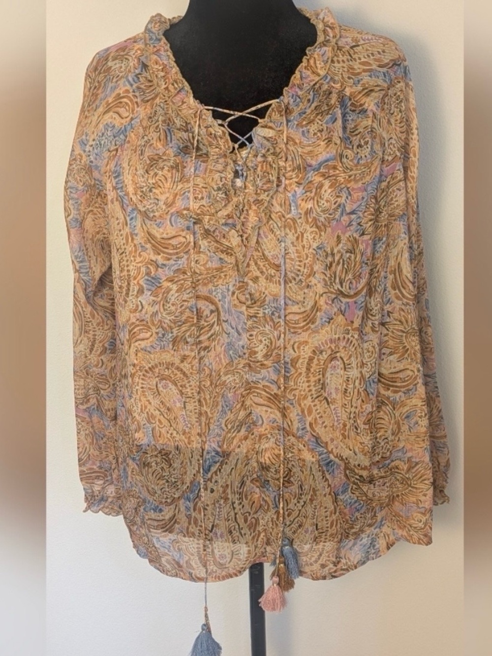 Democracy Paisley Lace-Up Peasant Blouse in Tan and Blue